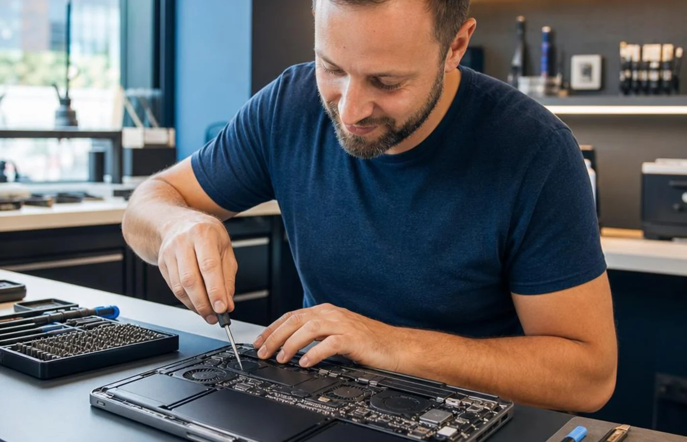 IT technician helping a customer with computer support
